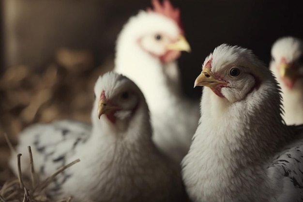 цыплята-бройлеры едят пищу крупным планом на птицефабрикеПищевое промышленное производство курицы