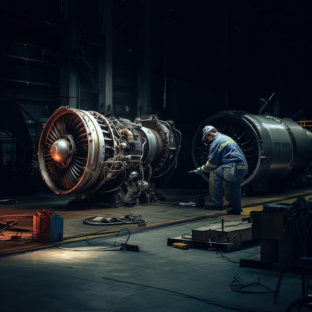 broken airplane jet engine repaired in hangar