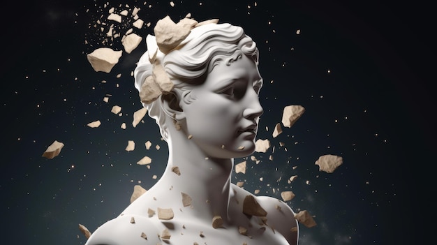 壊れた古代ギリシャの彫像の頭が粉々に崩れるモニター生成 AI