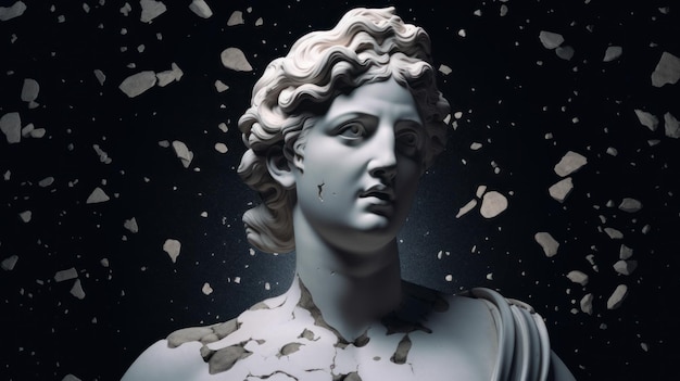 Broken ancient Greek statue head falling apart into piecesmonitors Generative AI