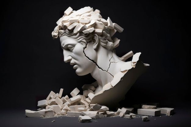 Broken ancient greek statue head falling in pieces Broken marble sculpture cracking bust concept of depression memory loss mentality loss or illness AI Generative