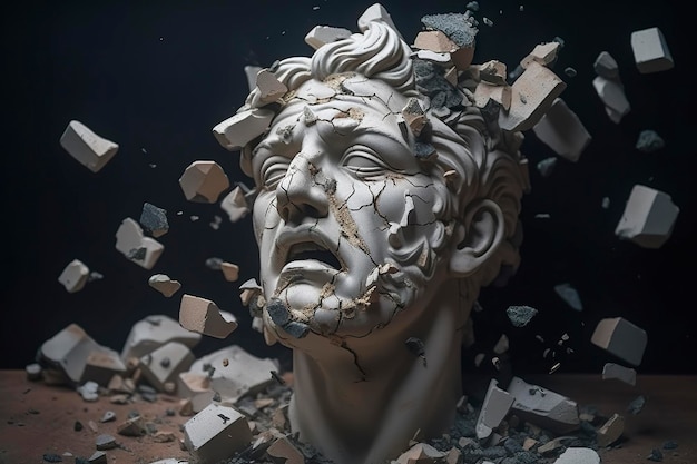 Разбитая голова древнегреческой статуи, разваливающаяся на куски Разбитая мраморная скульптура, треснувший бюст, концепция депрессии, потеря памяти, потеря психики или болезнь AI Generative