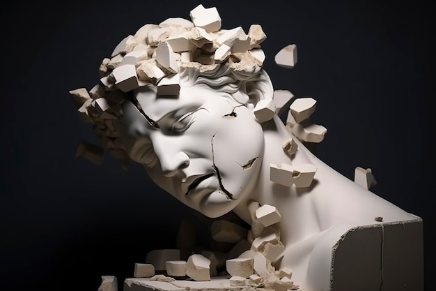 Broken ancient greek statue head falling in pieces Broken marble sculpture cracking bust concept of depression memory loss mentality loss or illness AI Generative