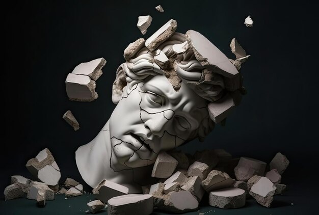 Broken ancient greek statue head falling in pieces