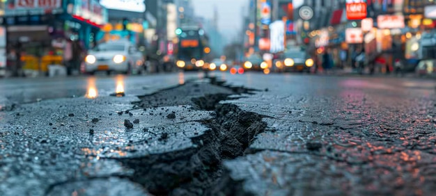 Photo broken asphalt street in city with blurred traffic background