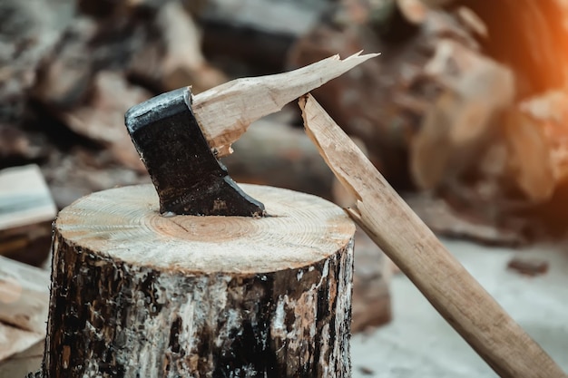 A broken axe in the wooden deck