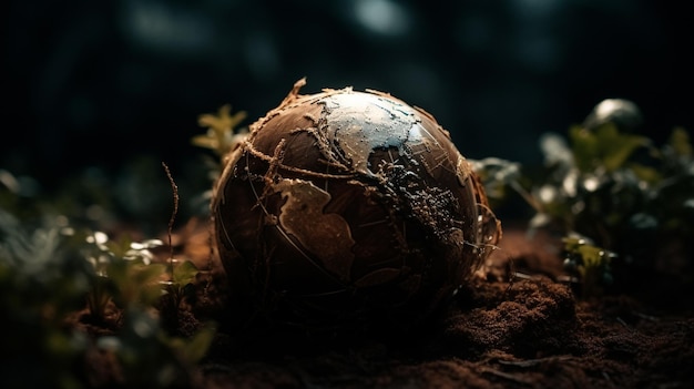 A broken ball sits in the dirt with the world on it.