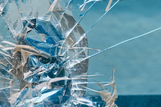 Broken blue glass sealed with tape background