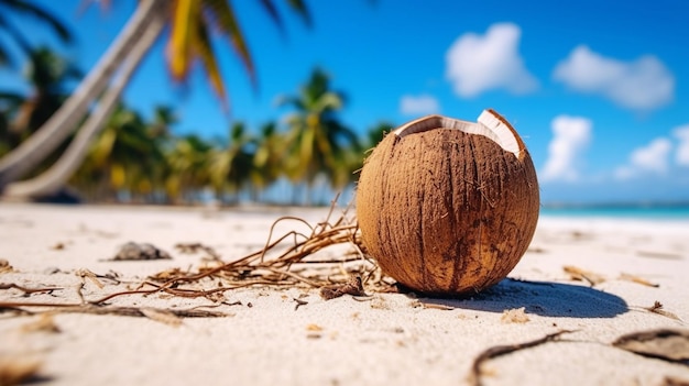 Broken brown coconut on sandy beach Tropical beach World Coconut Day