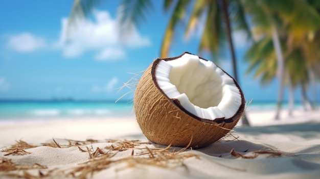 Broken brown coconut on sandy beach Tropical beach World Coconut Day