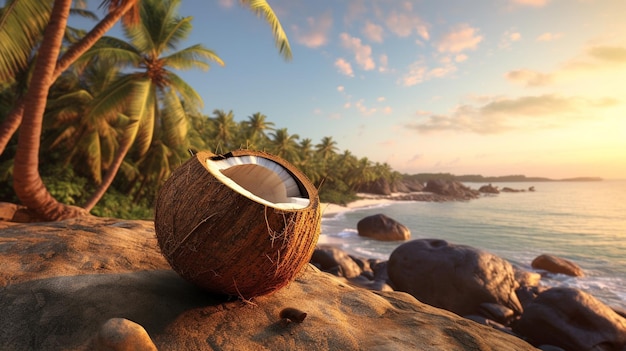 Разбитый коричневый кокосовый орех на песчаном пляже Тропический пляж Всемирный день кокоса
