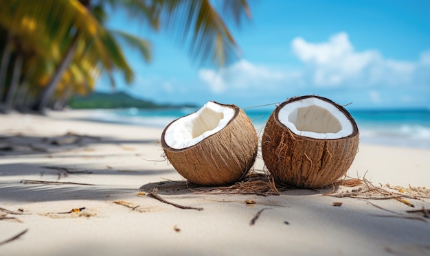 トロピカル・ビーチの砂浜で壊れた茶色いココナッツ パームの木と砂 青い海水またはターコイズ海 太陽 空の白い雲 夏休み 休暇と旅行
