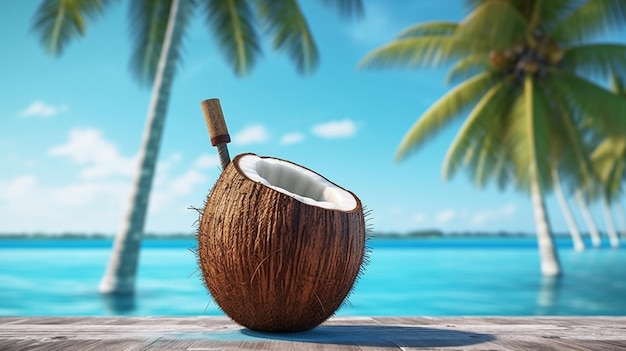Broken brown coconut on wooden table Tropical beach World Coconut Day