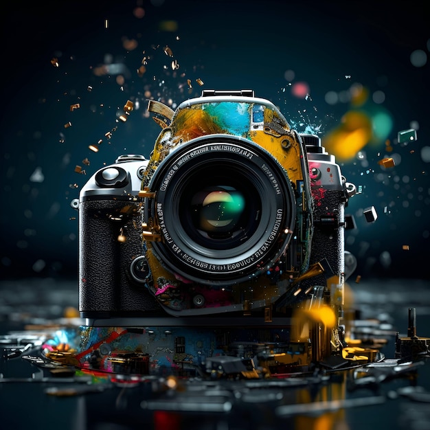 Photo broken camera with splashes on a dark background mixed media