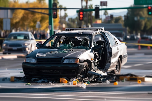 Photo broken car on the city road car accident generative ai