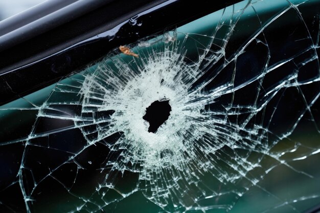 A broken car window with shattered glass on the seat