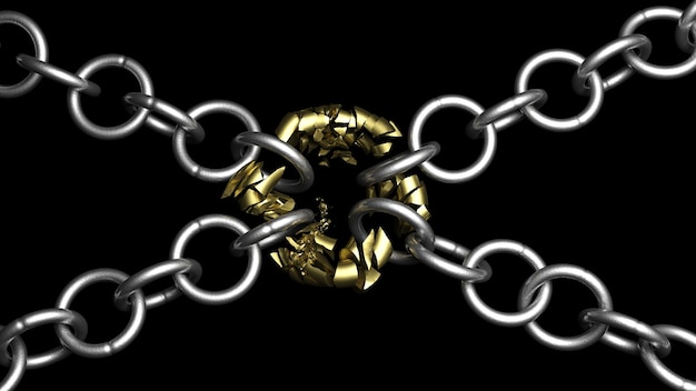 Broken chain connection 3d illustration on black background