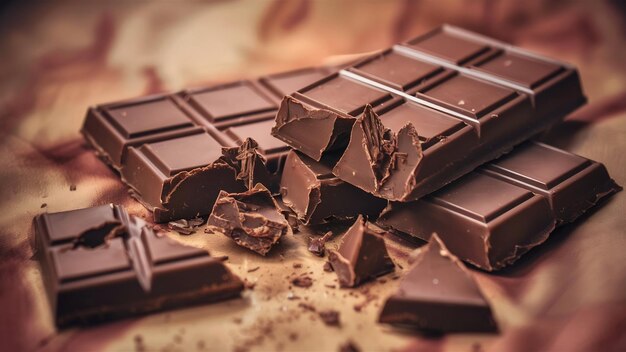 Broken chocolate bar on brown background