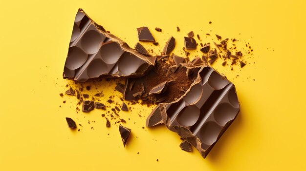 Broken chocolate bar on yellow background Flat lay top view