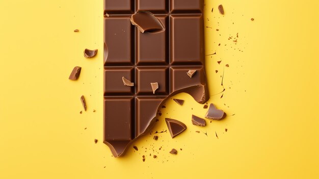 Broken chocolate bar on yellow background Flat lay top view