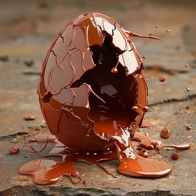 Foto uova di pasqua di cioccolato rotte con cioccolata fusa e schizzi di cioccolate