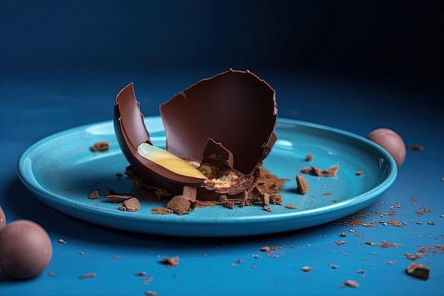 Broken chocolate egg on a blue plate Generative AI