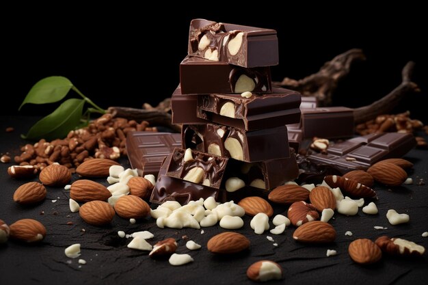 Broken chocolate with nuts on table