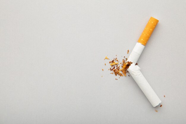 Broken cigarette on grey background with copy space