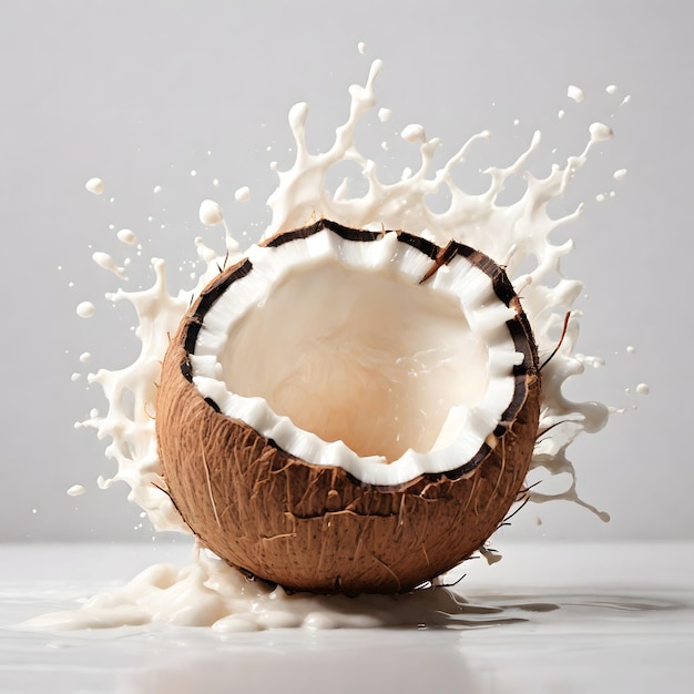 Photo broken coconut with splash of milk behind it on a white background