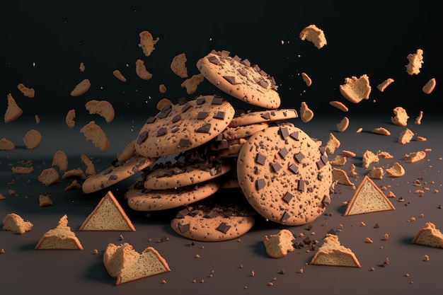 Broken cookies with chocolate chips Crumbs and fragments of shattered cookies