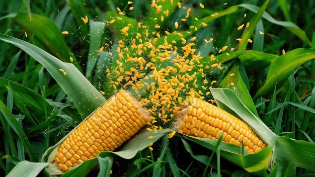 Broken corn cob with flying grains and leaves on green