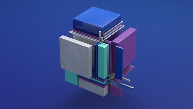 Photo broken cube. marble, metallic, plastic rectangles. abstract illustration, 3d rendering.