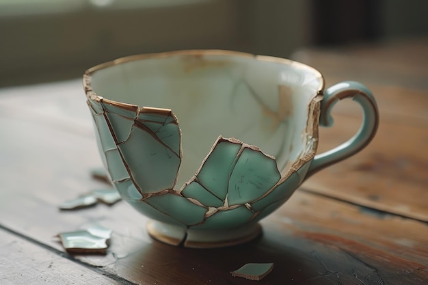 Photo a broken cup with gold accents sits on a wooden table