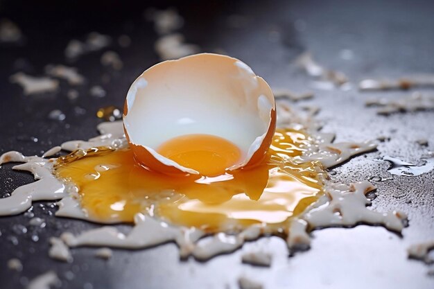 A broken egg in a black pan