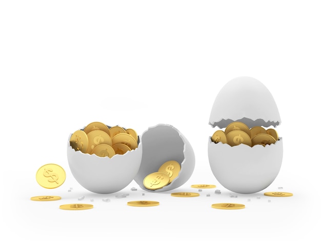 Разбитые яйца с долларовыми монетами.