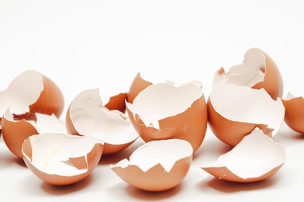 Broken eggshell collection on white background