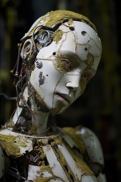 Photo a broken feminine humanoid robot dented scratched flaking peeling paint