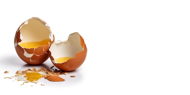 Broken fresh egg on a white background with space for text Closeup AI generated