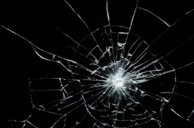 Photo broken glass on a black background cracks shards