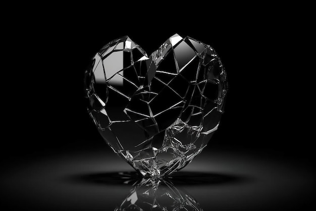 Broken glass black heart with cracks on dark background Concept of separation and breakup of relationships Generative AI illustration