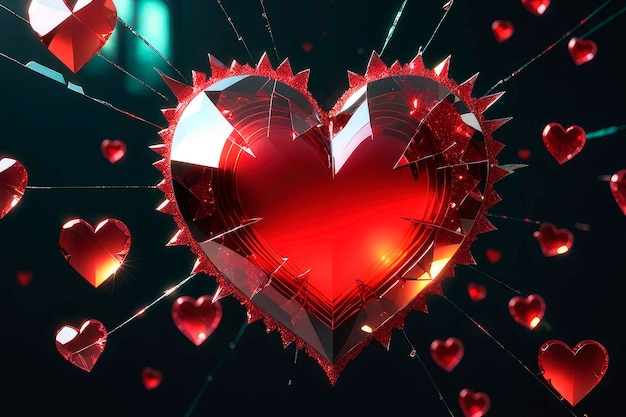 Фото Разбитое стекло светящееся рубиновое сердце на темном фоне