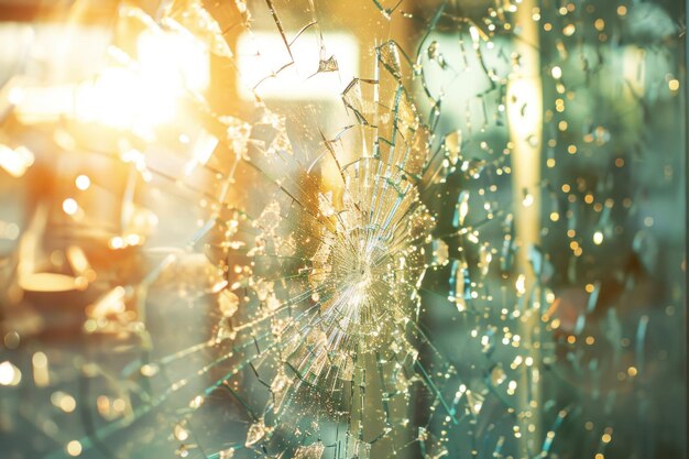 写真 店内で壊れたガラスの近くの太陽のフレアの背景