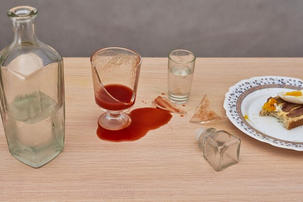 A broken glass red tomato juice spilled on the table next to a bottle of vodka