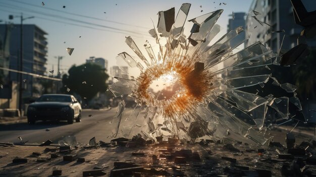 Broken glass showing the road cars and building view