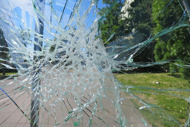 Broken glass at a street bus stop