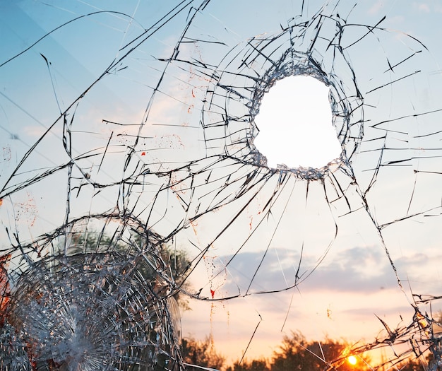 Broken glass at sunset