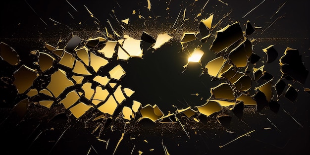 Photo a broken glass wall with a gold light shining through it.