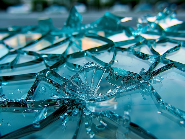 A broken glass with blue water on it