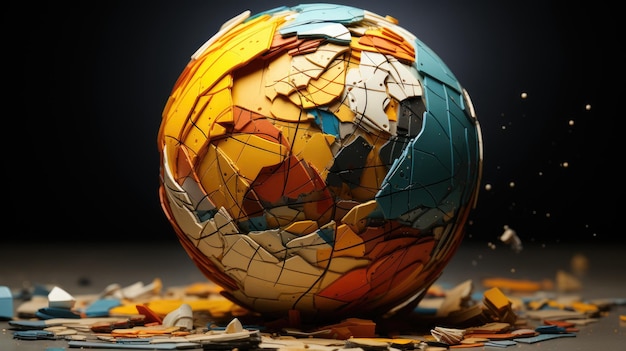 A broken globe is covered in broken glass.