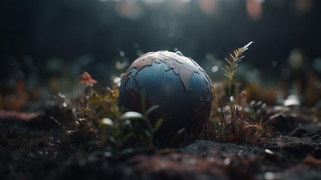 A broken globe lies in the grass with a knife in the foreground.